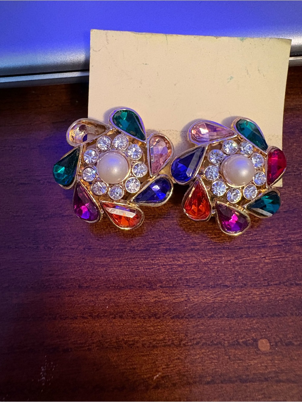 Vintage Multicolor Crystal & Pearl Cluster Earrings